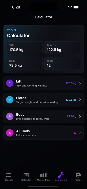 Calculators screen showing lift, plates, body, and all tools cards