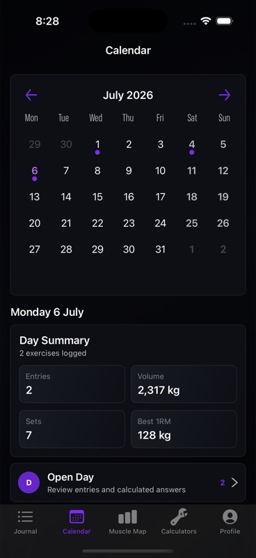 Calendar screen showing a month view and day summary metrics