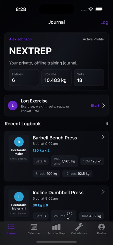 NextRep training journal screen