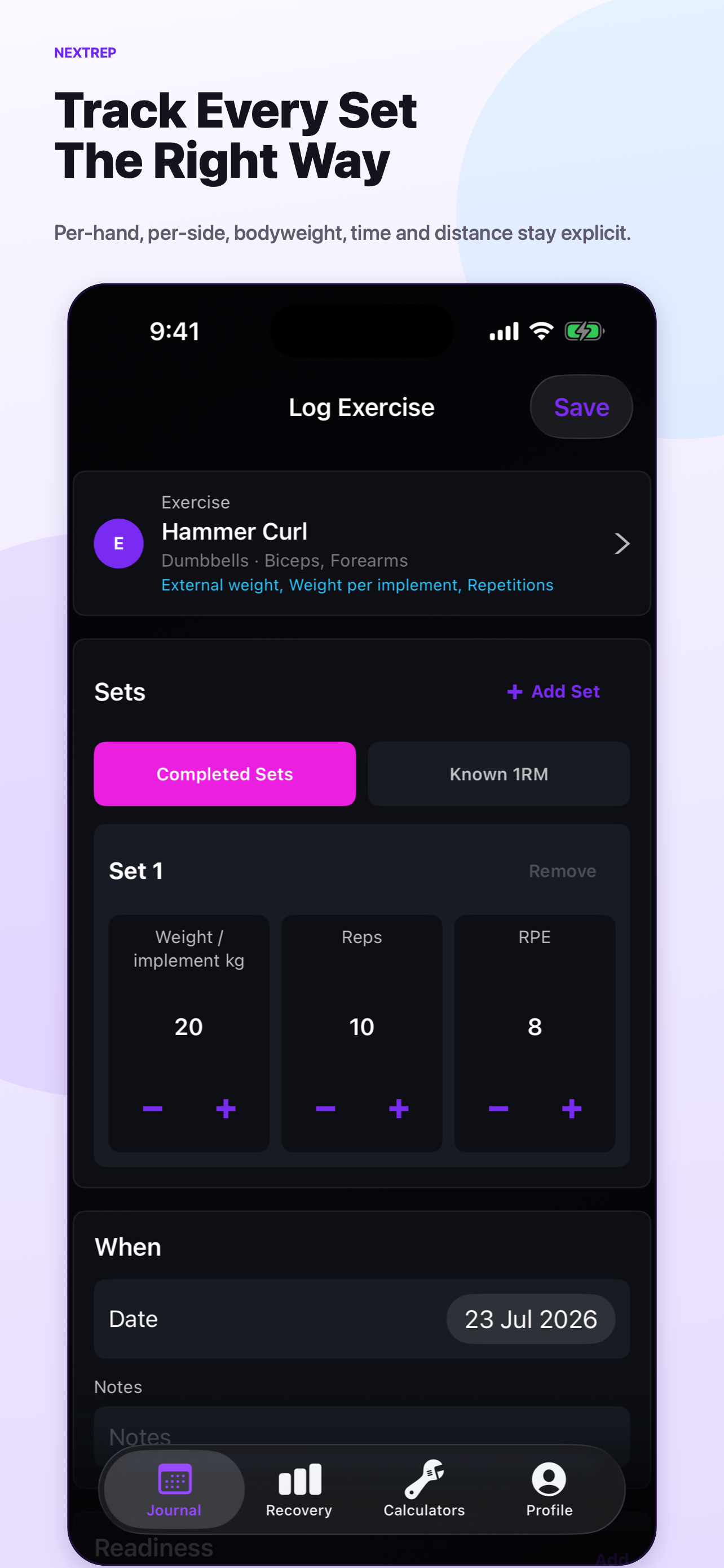 Log Exercise screen for a dumbbell curl showing weight per implement, repetitions, and RPE for each set