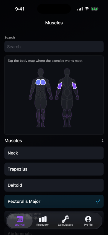 Visual muscle selector for creating a custom exercise