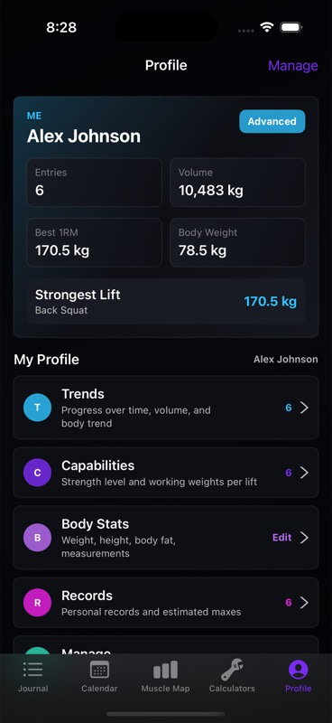 Profile screen showing trends, capabilities, body stats, records, and management actions