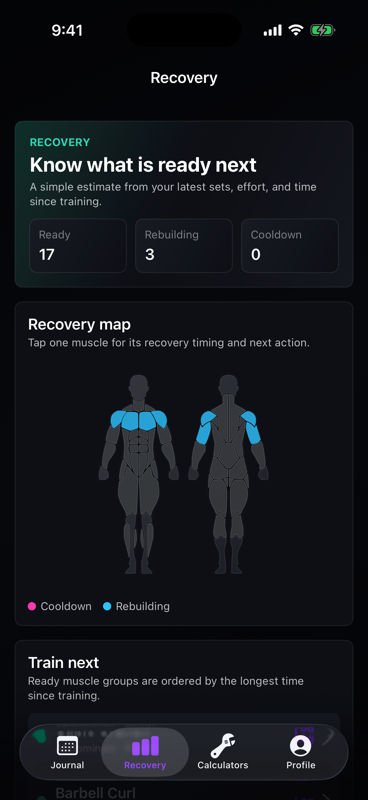 NextRep Recovery screen showing muscles still rebuilding